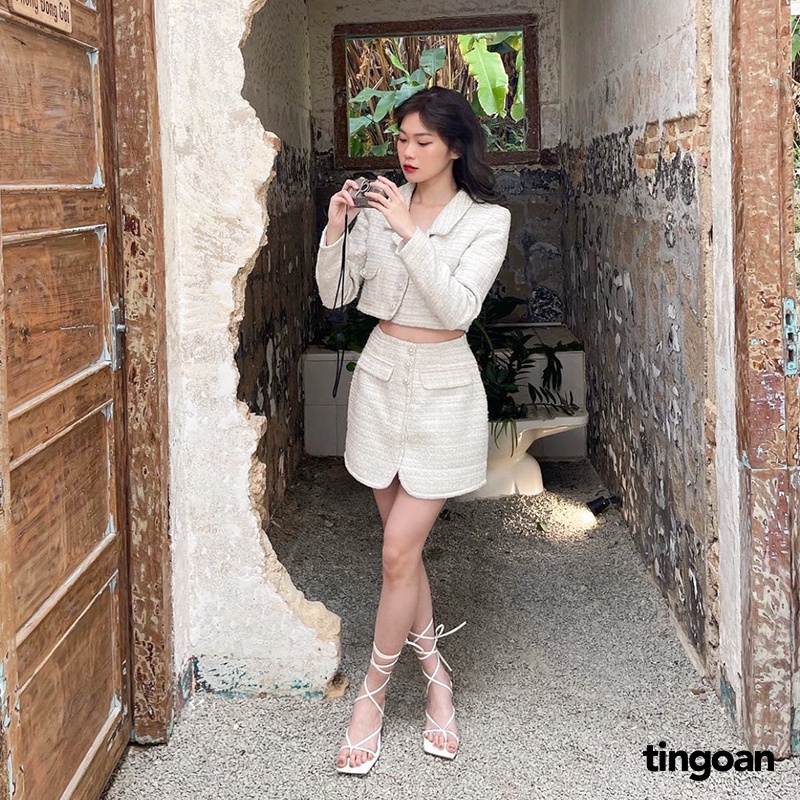 TINGOAN®  - Áo khoác tweed crop cổ bẻ trắng tingoan PINK SWEET JACKET/WH