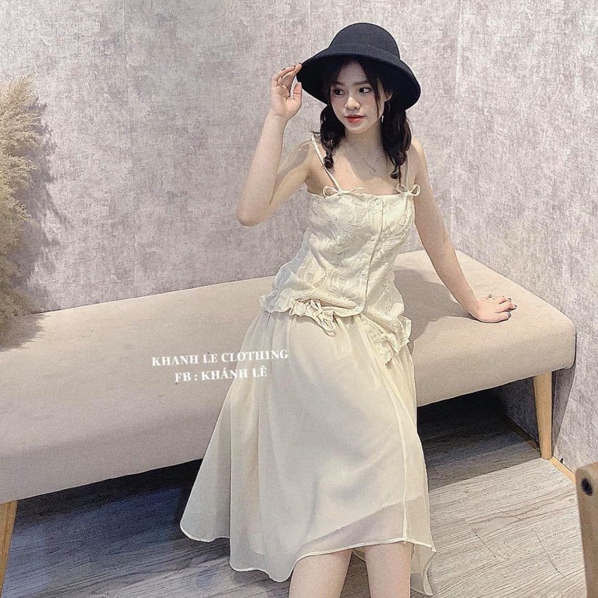Set 2 Dây Ren Buộc Vai Mix Chân Váy Tơ Xòe 2 Lớp