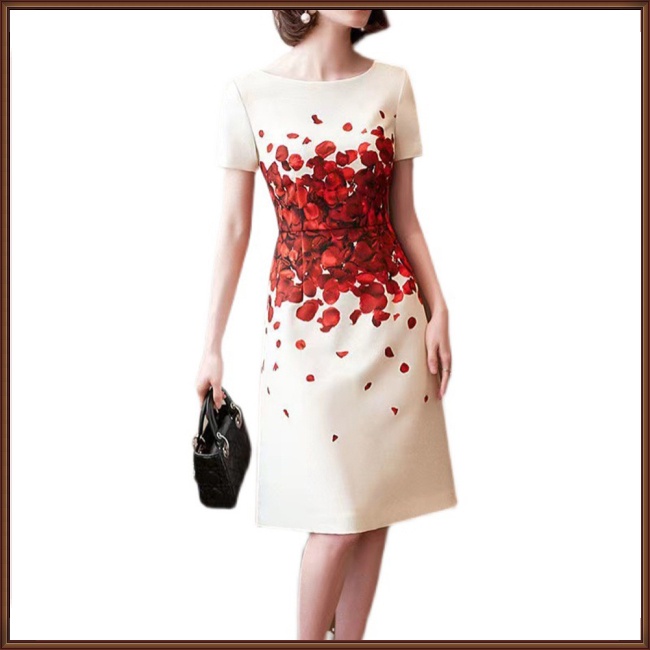 Đầm Chữ A Tay Ngắn Cổ Tròn In Họa Tiết Hoa Hồng Thời Trang Mùa Hè Cho Nữ