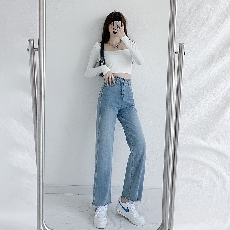 SUXI Quần jean dài ống rộng lưng cao dáng ôm phong cách Hàn Quốc cổ điển dễ phối đồ dành cho bạn nữ