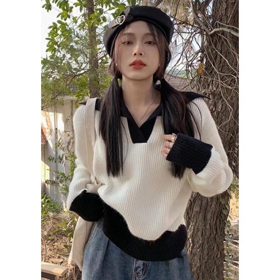 Áo sweater NZN dệt kim dáng rộng màu tương phản thời trang mùa thu cho nữ