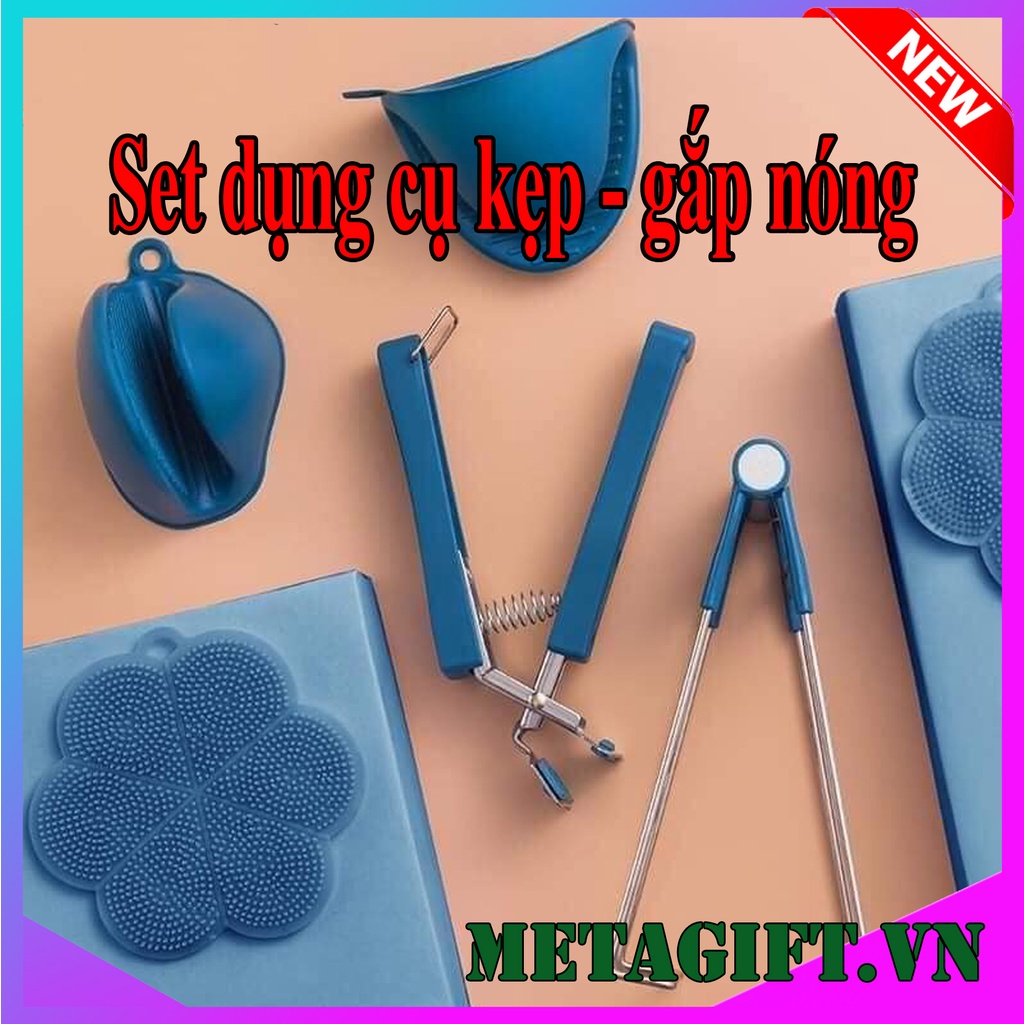 Bộ dụng cụ kẹp gắp đồ nóng thức ăn đa năng inox kèm găng tay, miếng lót nồi silicon