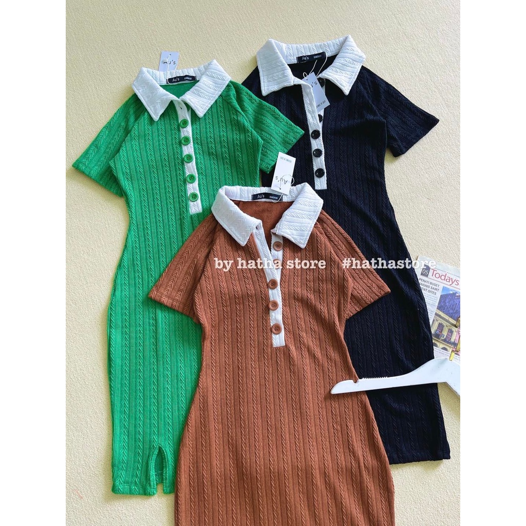 ĐẦM BODY THUN BÔNG LÚA CỔ POLO NÚT MÀU KÈM ẢNH THẬT