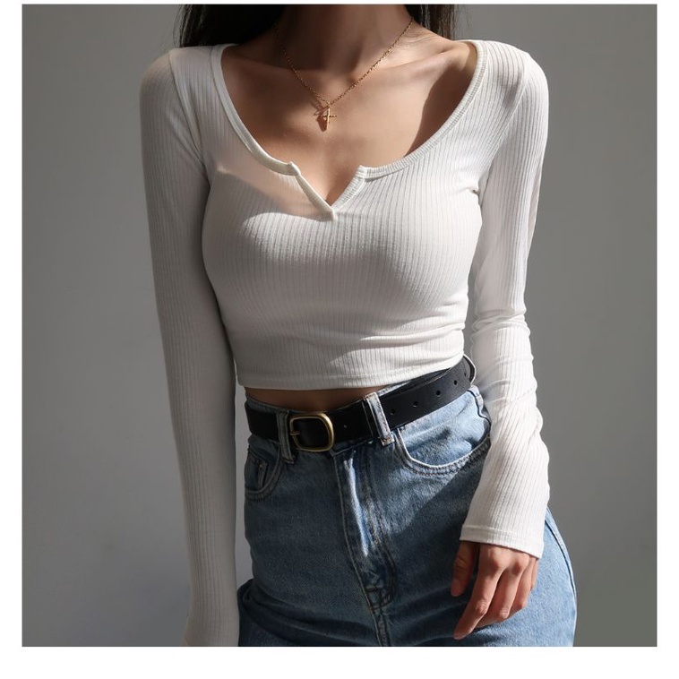 Áo croptop nữ cổ V tay dài tôn dáng bán chạy kiểu dáng trẻ trung mẫu mới hot hit