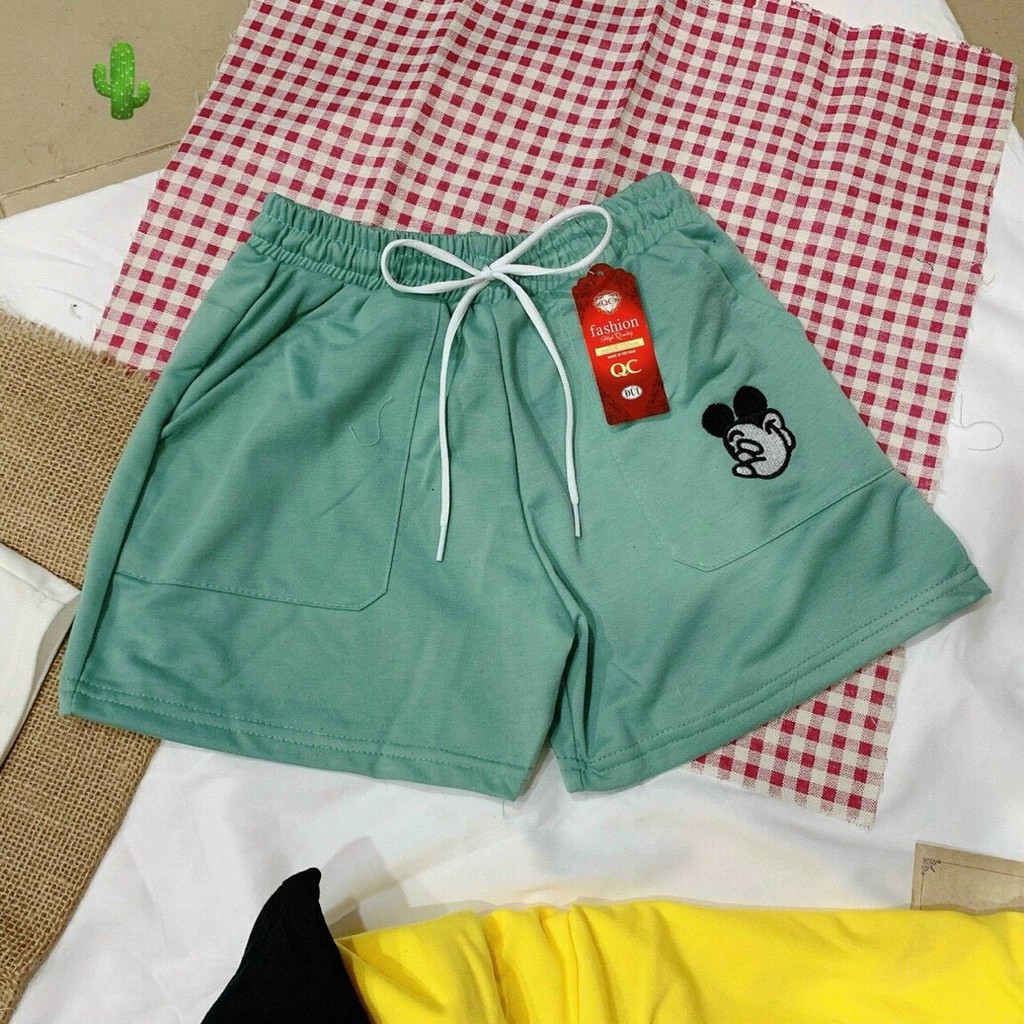 Quần shorts thêu hình chuột hoạt hình cực xinh , chất thun da cá mềm mịn