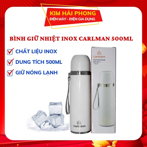Bình giữ nhiệt inox CARLMANN BES502 500m, phích nước nóng lạnh inox cao cấp, sản phẩm chính hãng