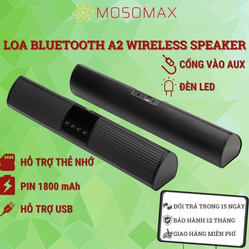 Loa Bluetooth Mini A2 Wireless Speaker | Dáng dài, Có đèn Led, Âm Bass cực hay, Thiết kế Sang trọng, 2 Loa cực đỉnh