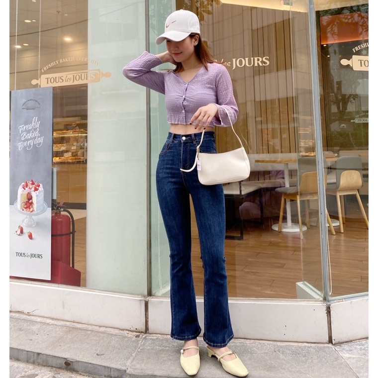 Quần Jeans ống Loe Cạp cao chất co dãn may Gấu Hotrend 2022