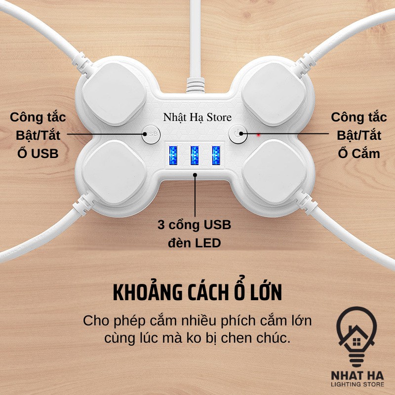 Ổ Chia Điện Không Dây Hình Xương Nhật Hạ Dây Dài 3m, 5m Có 3 Cổng USB Ổ cắm điện đa năng mini thông minh OD-816