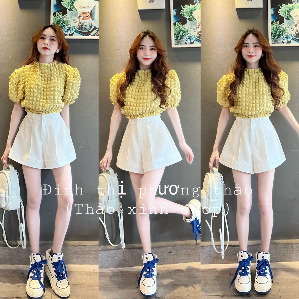 Sét Bộ Nữ Thời Trang Mặc Đi Chơi, Sét Bộ Áo Xốp Cổ Tròn Tay Ngắn Phồng Mix Quần Đùi Tuyết Mưa Xinh Xắn