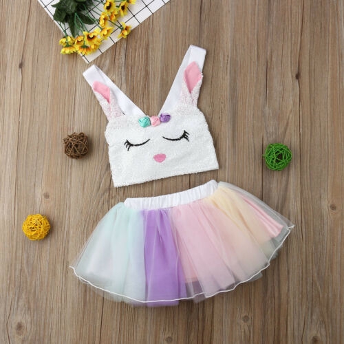 Bộ trang phục áo và chân váy xòe sọc cầu vồng thiết kế thỏ hoạt hình dễ thương cho bé gái