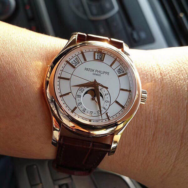 Đồng hồ Nam Patek philippe Complication máy nhật dòng cơ Automatic trăng sao có lịch thứ ngày tháng mặt trắng vỏ vàng