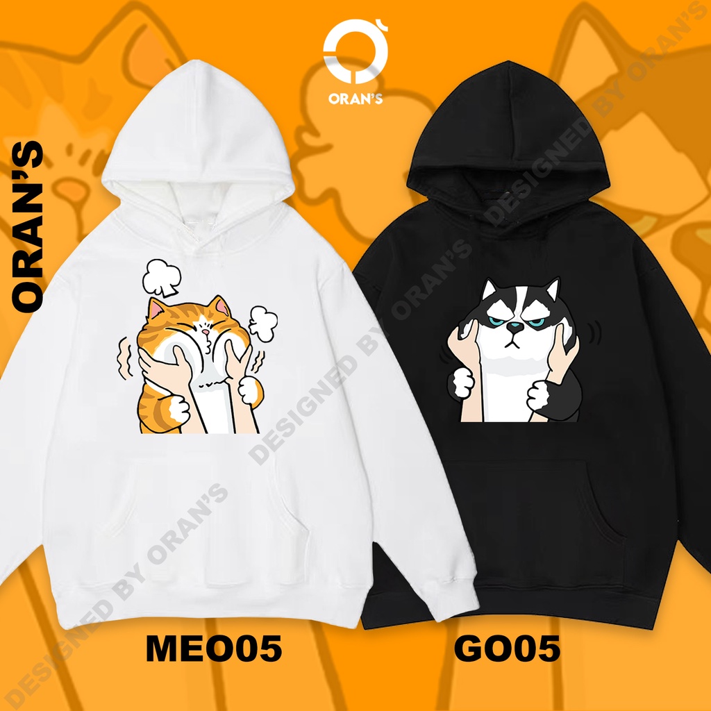 Áo Hoodie đôi in hình chó husky và mèo véo má chất nỉ cotton lót bông cao cấp form rộng unisex - ORAN'S HOODIE COUPLE 05