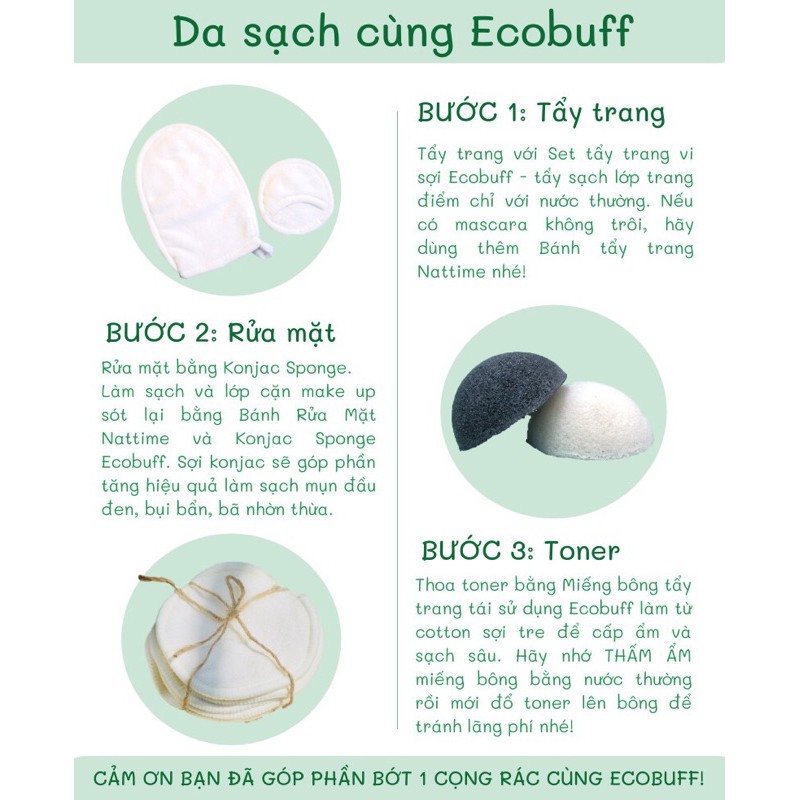 Bông tẩy trang Ecobuff tái sử dụng nhiều lần vải sợi tre sạch da phân huỷ sinh học