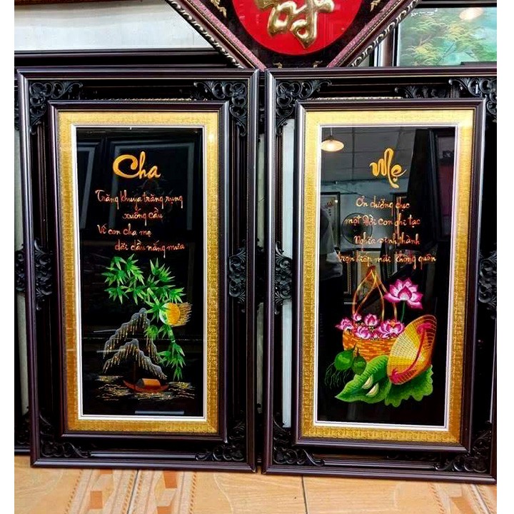 Tranh thêu Câu đối cha mẹ Tranh thêu thành phẩm chưa khung 40*80cm