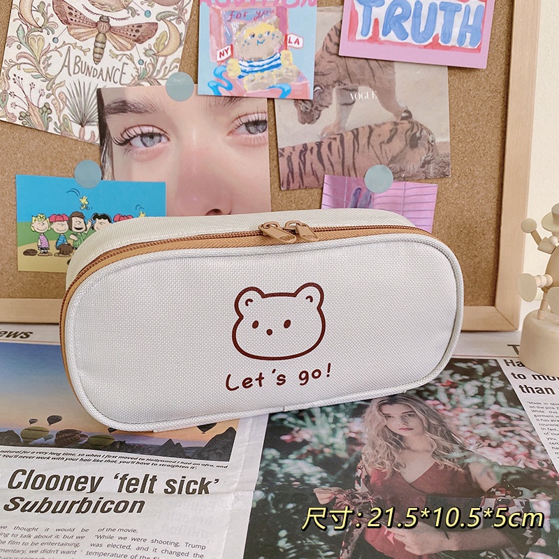 Túi Đựng Bút Bằng Vải canvas Cỡ Lớn Thiết Kế Hình Gấu Giản Dị Dành Cho Nữ Sinh