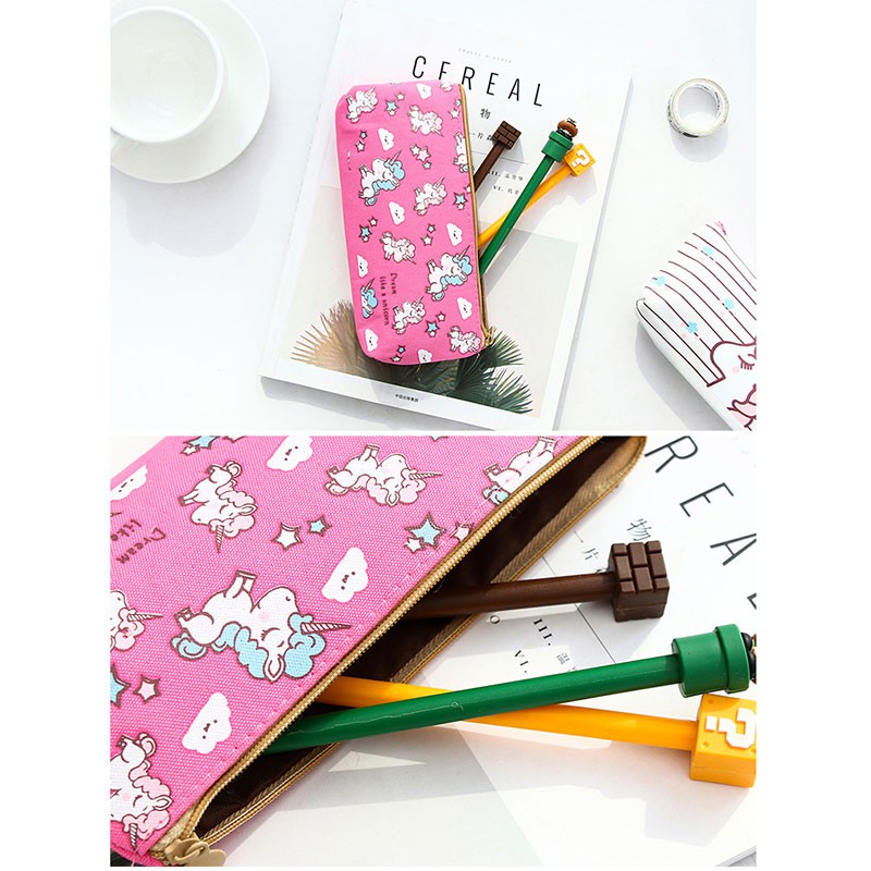 Túi đựng bút bằng vải canvas in hình kỳ lân xinh xắn dành cho nữ sinh