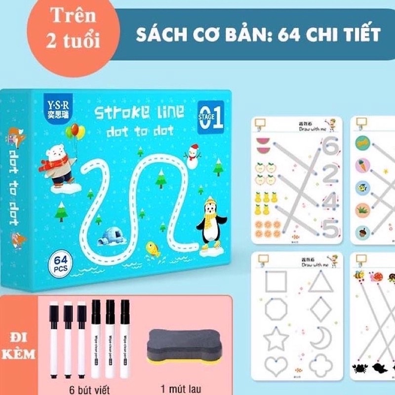 Đồ chơi giáo dục thông minh cho bé tập vẽ tập viết xoá được dùng nhiều lần 64 trang kèm 6 bút