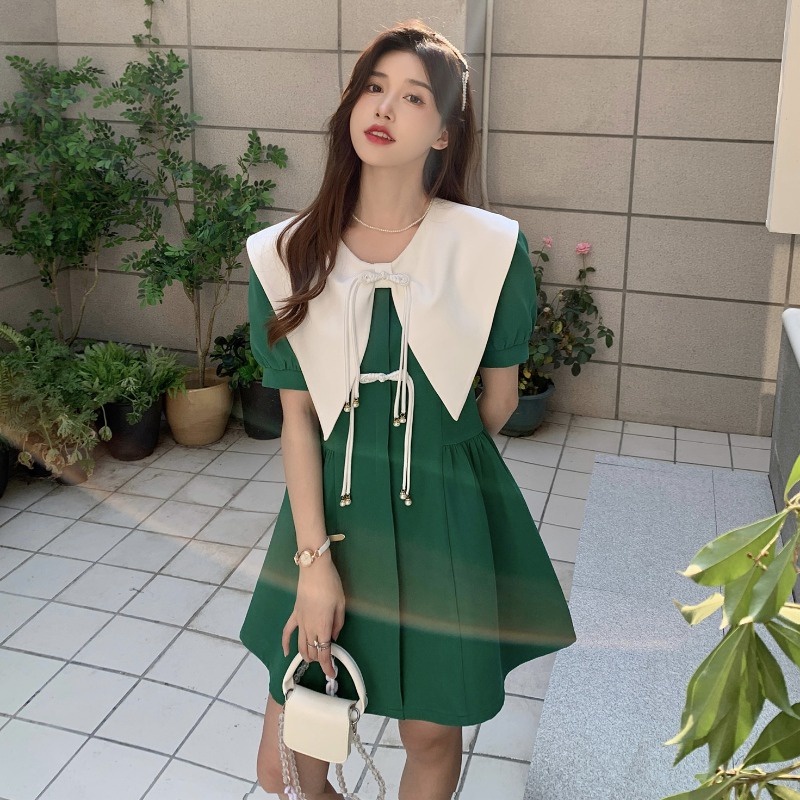 Đầm Phối Nút Thắt Nơ Màu Tương Phản Phong Cách Pháp Thời Trang Mùa Hè Dành Cho Nữ Plus Size