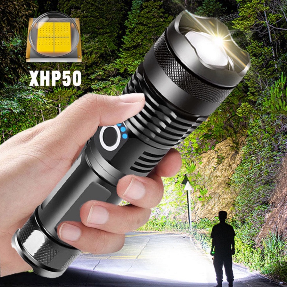 Đèn pin siêu sáng XHP50 chính hãng bản cao cấp tích điện dung lượng lớn, đèn pin mini bóng LED 3 chế độ sáng