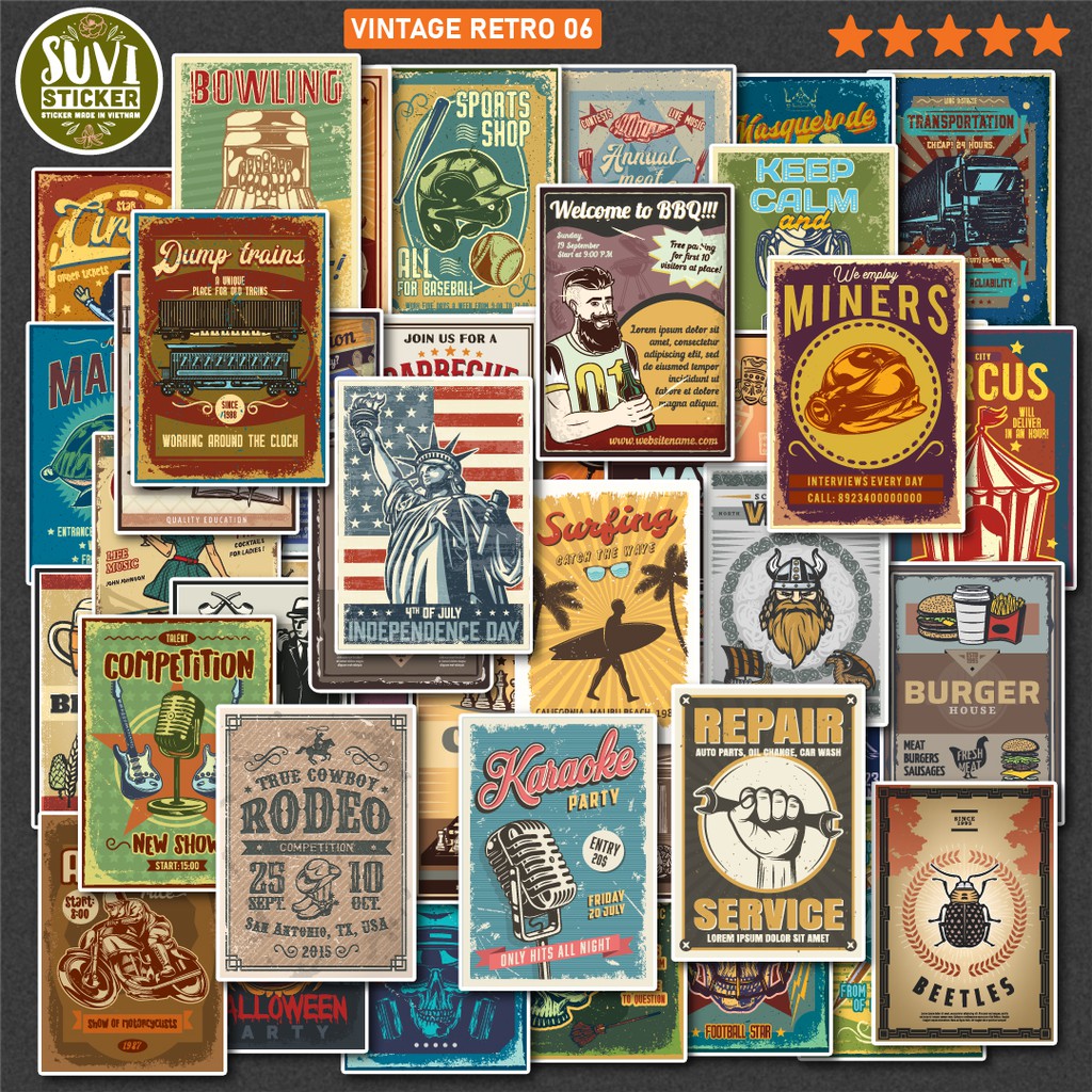 50 Sticker Vintage Retro 6 chống nước sticker dán laptop, điện thoại, đàn guitar, mũ bảo hiểm, vali. MSP:VR06