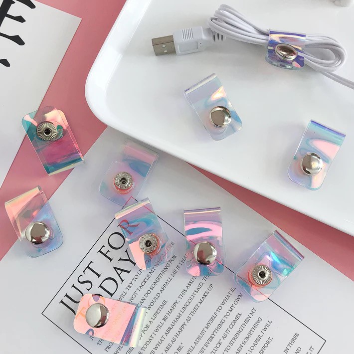 Dây Quấn Cáp Sạc/Tai Nghe Màu Laser Có Khóa Nút Hình Hoa/Trái Tim Cho Nữ