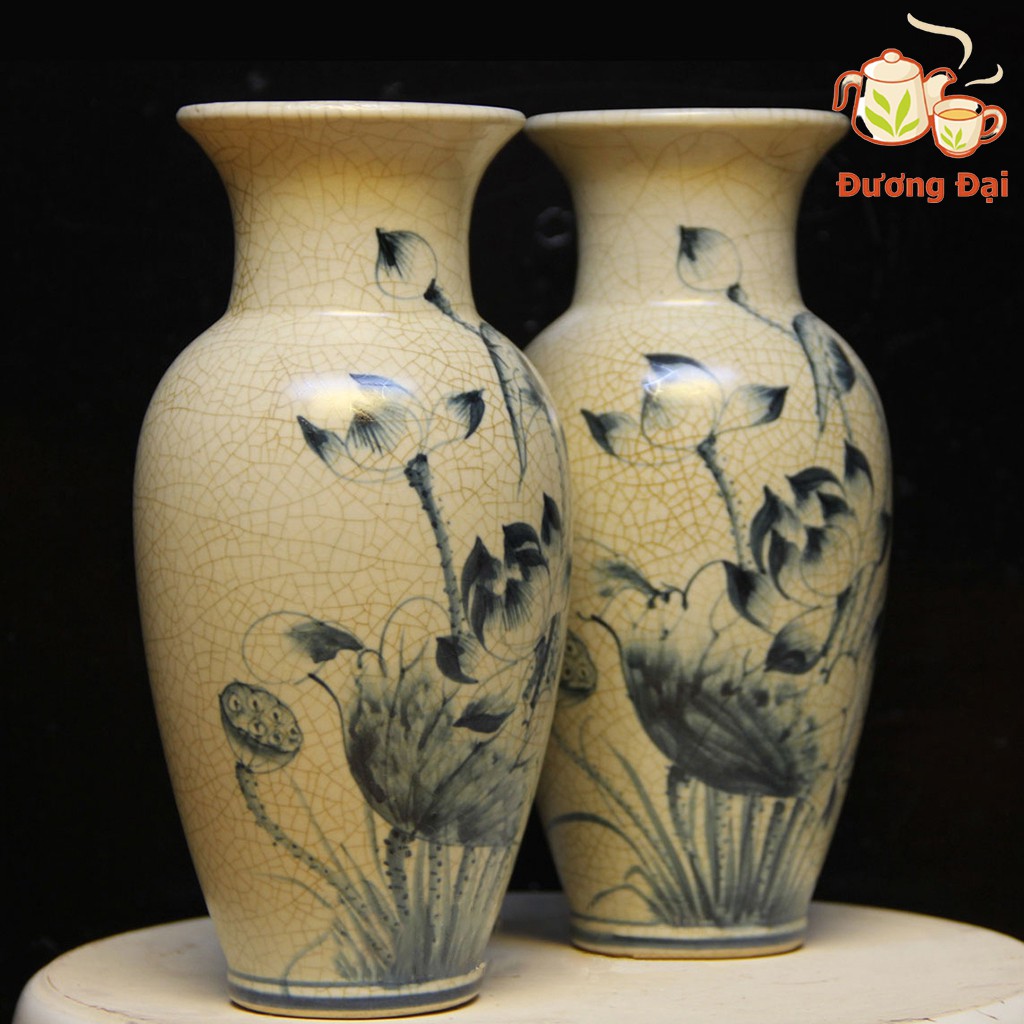 Lọ Hoa Men Rạn Trơn Bình Cắm Hoa Vẽ Sen H=27cm, D=14cm Gốm Sứ Bát Tràng Đương Đại