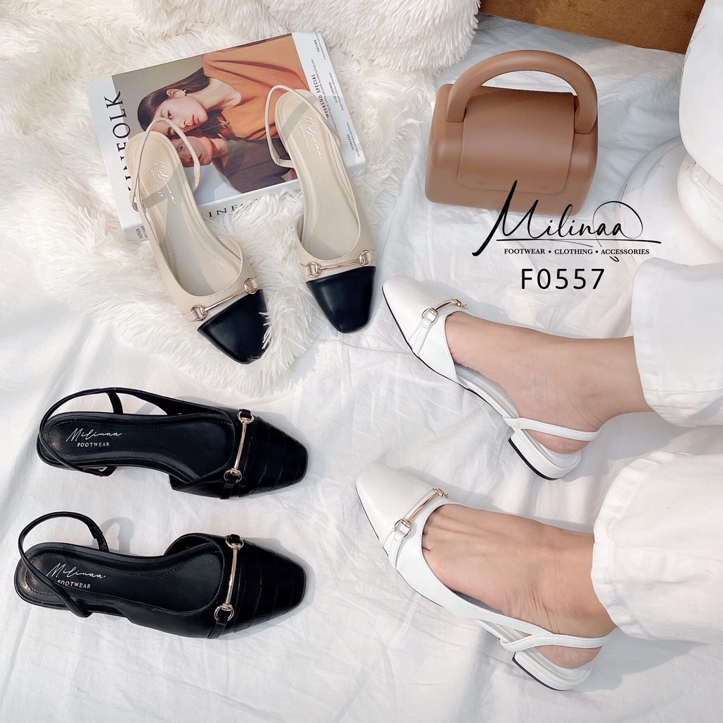 GIÀY SANDAL NỮ SLINGBACK ĐẾ 2P BÍT PHỐI MŨI DA SẦN KHÓA CHỮ I F0557