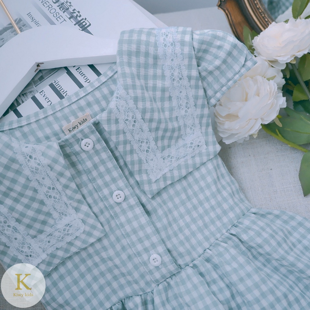 Đầm bé gái KIWY KIDS chất cotton kẻ caro, cổ viền ren độc đáo Kidsh2195 cho bé từ 1 đến 6 tuổi