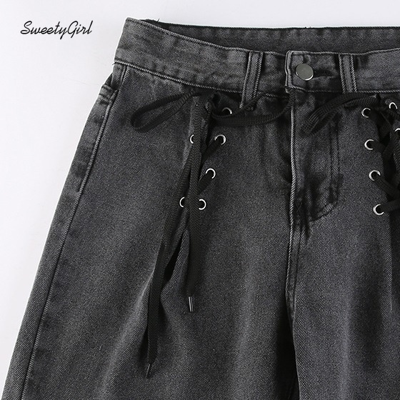 Quần Jeans Dài Lưng Cao Dáng Ôm Thiết Kế Dây Rút Thời Trang Cho Nữ