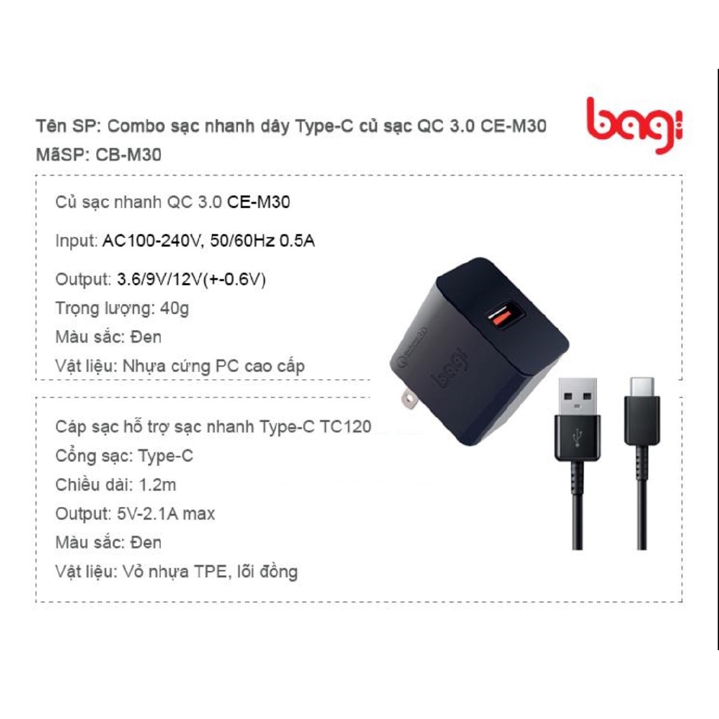 Combo sạc nhanh củ sạc Quick Charge 3.0 dây sạc Type-C Bagi CB-M30