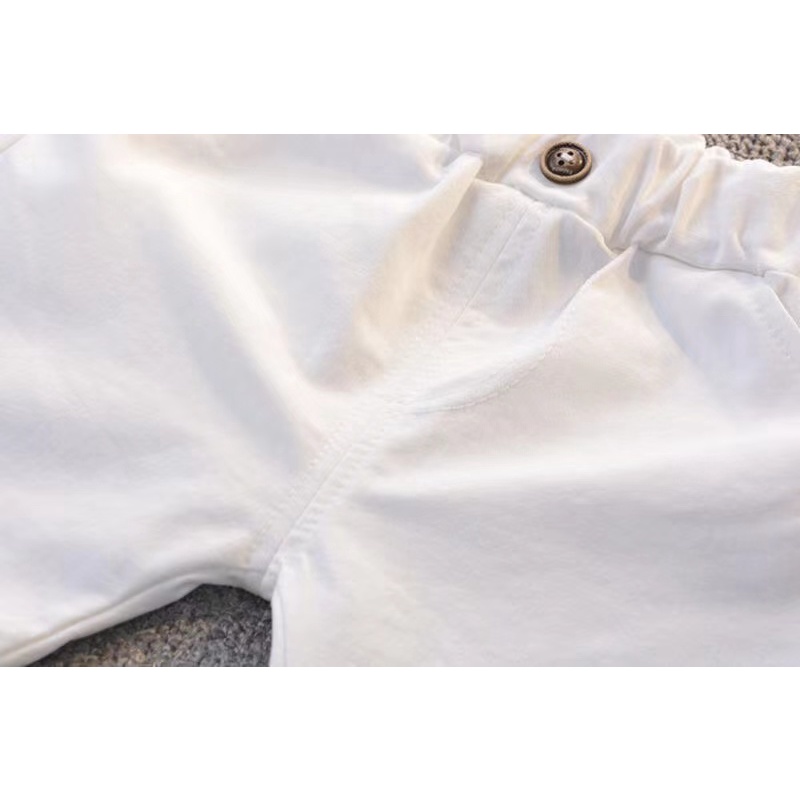 Set Áo Sơ Mi Tay Ngắn Kẻ Sọc + Quần Short Cotton Màu Trơn Thời Trang Mùa Hè Cho Bé Size 80-120cm