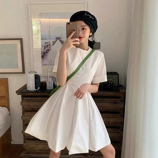 ĐẦM TRẮNG VÀNG DỰ TIỆC COTTON CỨNG CỔ TRÒN NGẮN TAY DÁNG XÒE-hình thật shop chụp
