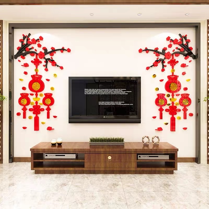Tranh dán tường mica dán nổi đào đỏ túi tiền trang trí phòng khách ngày tết 2024. đồ decor, phụ kiện trang trí tết 2024