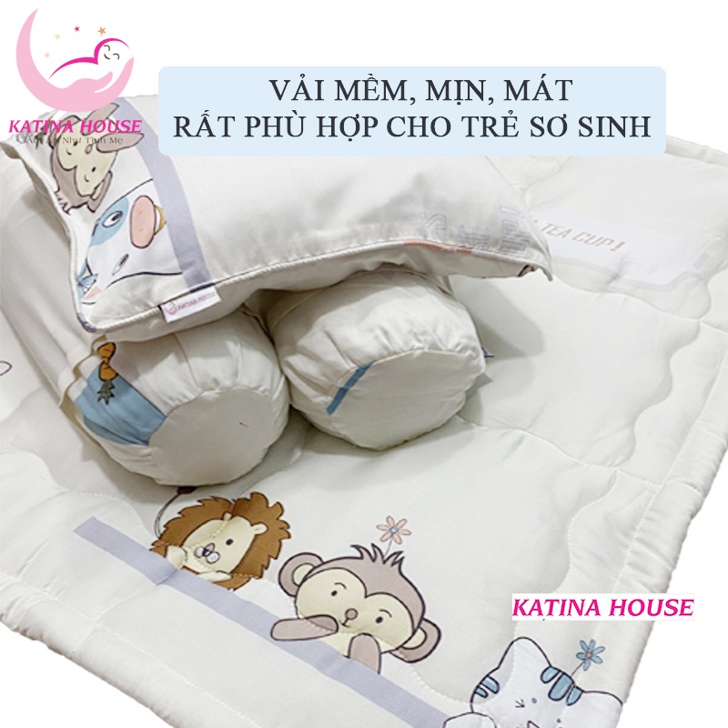 Bộ gối nệm cho bé sơ sinh vải Tencel mềm mịn, mát, nệm chống thấm với nhiều họa tiết đáng yêu