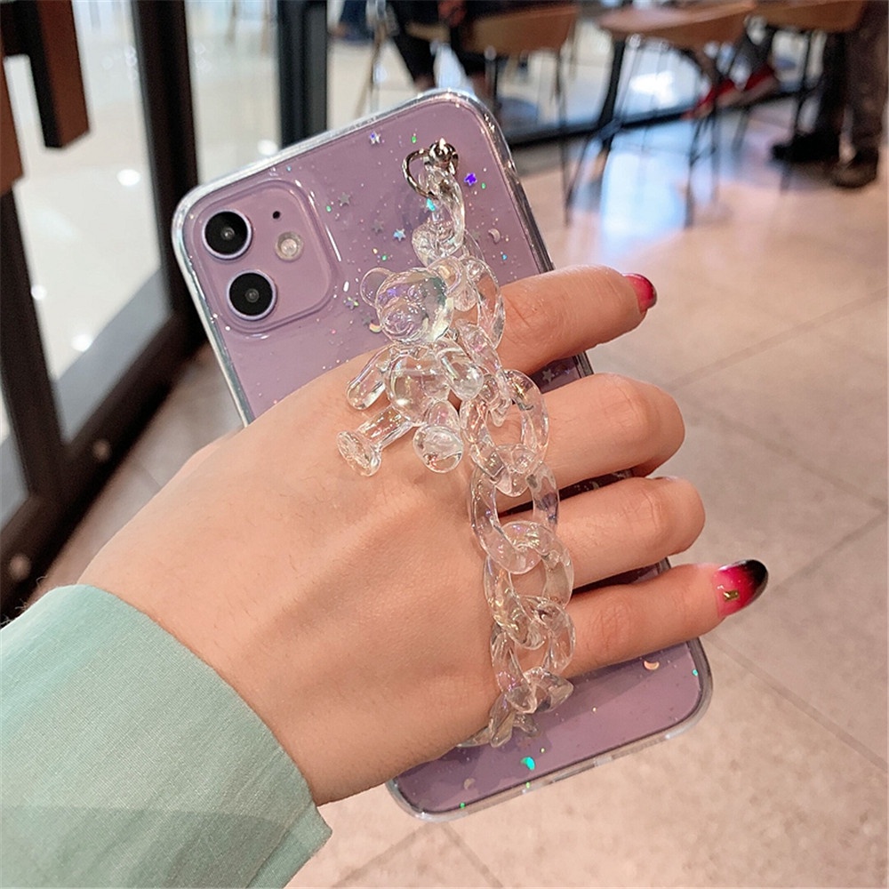 Dây đai dạng chuỗi xích ngọc trai làm thủ công nạm kim cương dùng với điện thoại