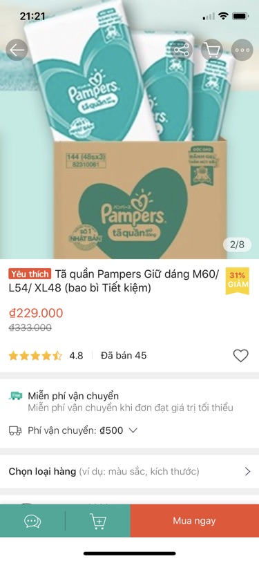 Tã quần pampers M60/L54/XL48/XXL44