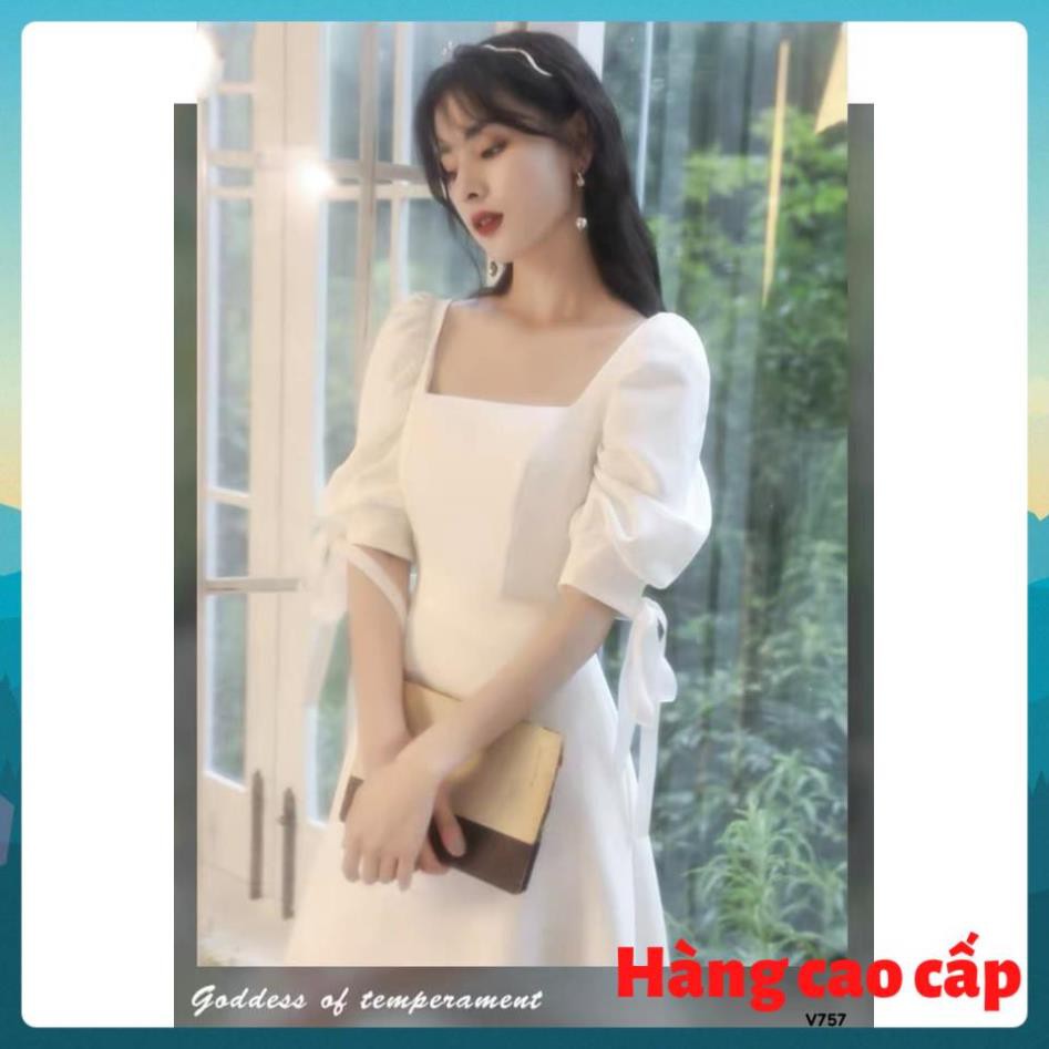 (Hàng cao cấp) Đầm trắng tinh khôi cổ vuông tay bồng thắt nơ - Lina dress