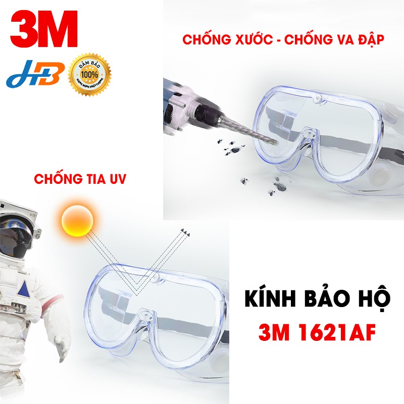 [CHÍNH HÃNG] Kính bảo hộ chống hóa chất 3M 1621AF - Kính phòng chống bụi mịn - Kính chống tia UV