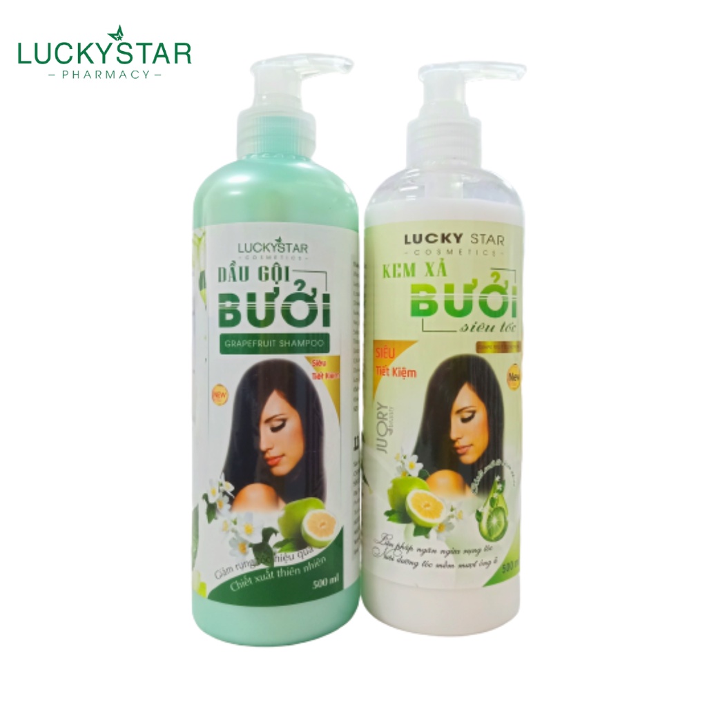 COMBO Dầu Gội + Kem Xả Tinh Dầu Bưởi Lucky Star 500ml x 2 chai