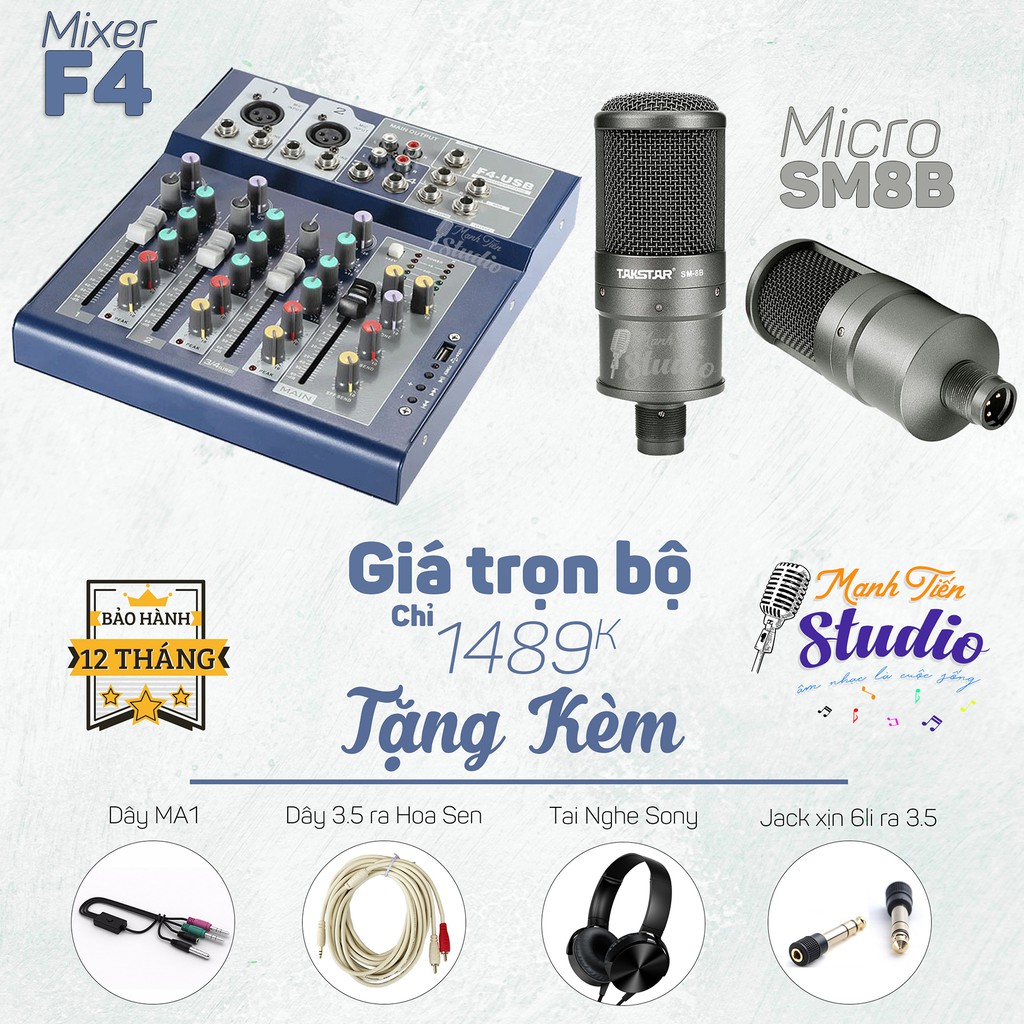 Bàn trộn âm thanh Mixer F4 - Micro thu âm chuyên nghiệp SM8B âm thanh chuẩn phòng thu live stream