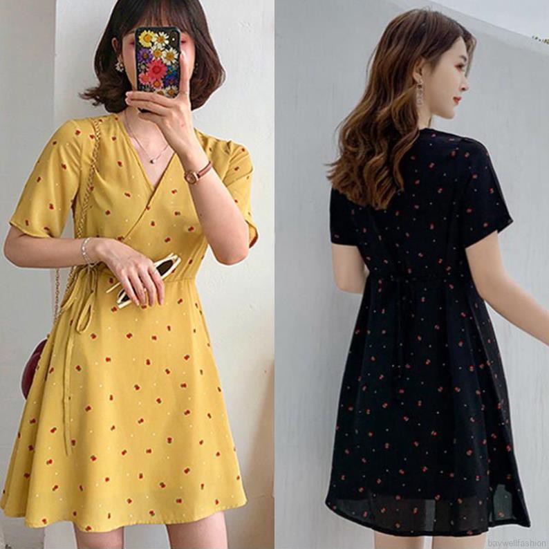 [Baywellfashion]Đầm tay ngắn cổ chữ V hoạ tiết hoa thiết kế dáng chữ A thanh lịch  ྇