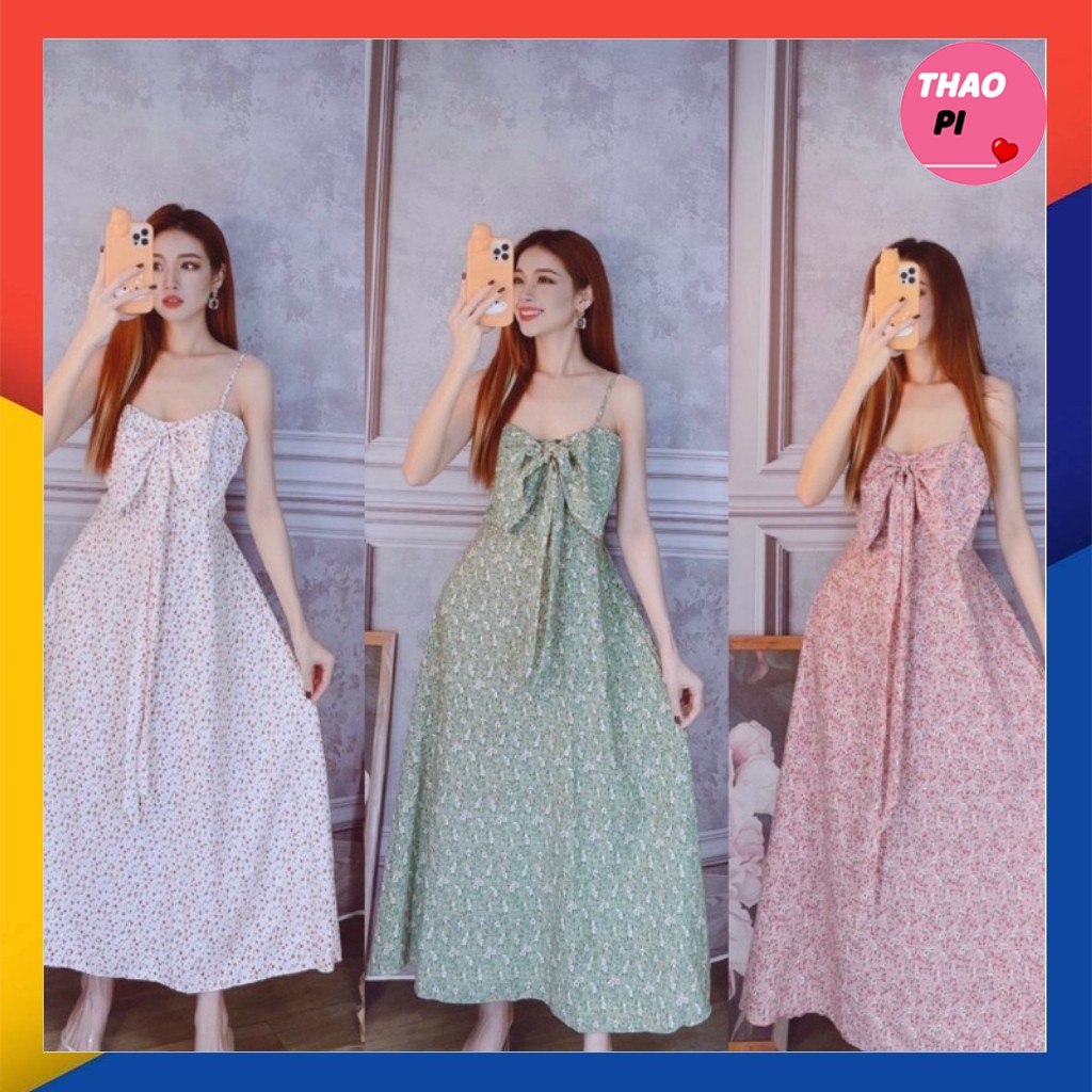 Đầm maxi hai dây dáng dài phối nơ ngực siêu dễ thương hình thật