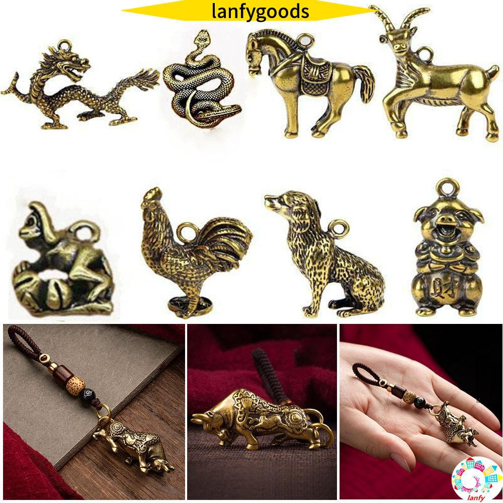 LANFY High Quality Bull Ornament Sculpture Handmade Lines Keychain Accessories Copper Miniatures Figurines Car Ornaments Pure Copper 12 Styles Desk Decoration Key Pendant