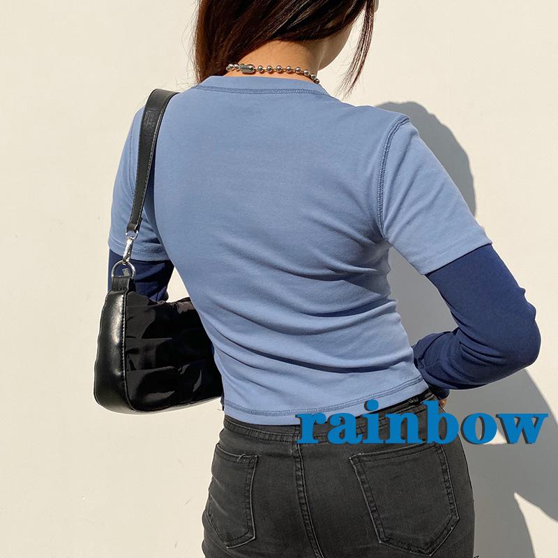 RAINBOW-Women Casual Long Sleeve T-shirt, Blue Round Collar Letters and Floral Printed Pattern Tops