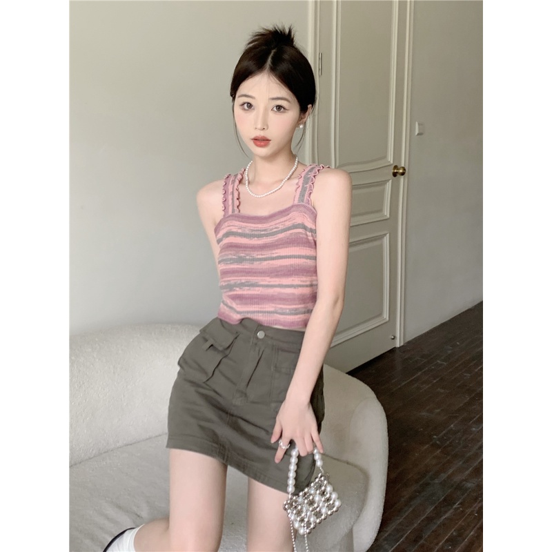 Áo yếm dệt kim ZHELIHANGFEI họa tiết vân kẻ sọc thời trang