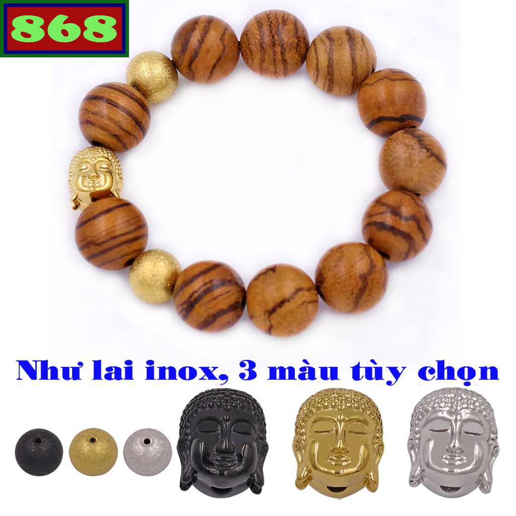 Vòng tay gỗ huỳnh đàn charm Phật A di đà inox và 2 bi