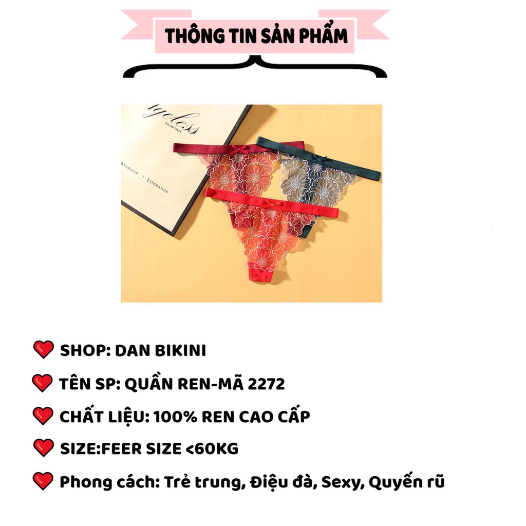 Quần Lót Ren Lọt Khe Sexy thiết kế thêu hoa cạp chun cao cấp MÃ 2272