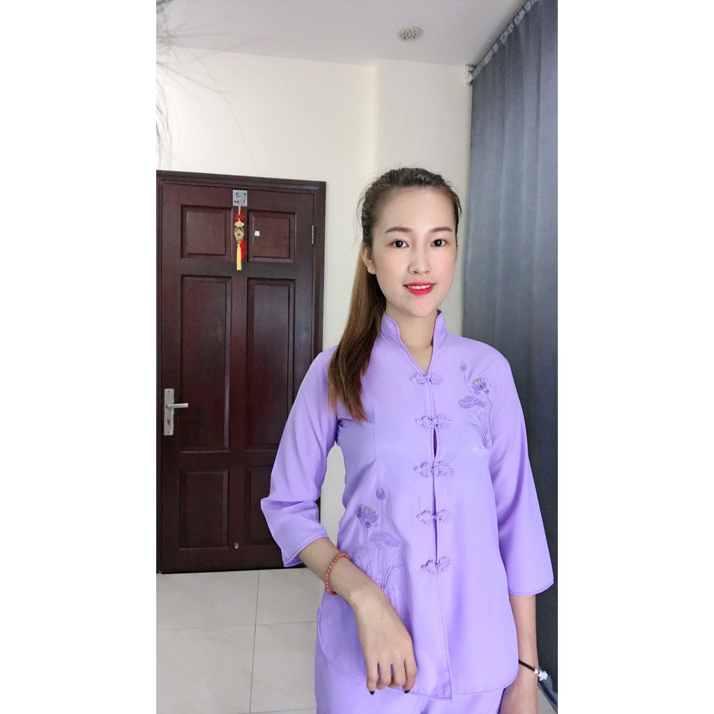 Bộ Đi Chùa Nữ, Đồ Lam Đi Chùa Cổ Tàu Thêu Sen Tím Chất Vải Dày Dặn Mịn Đẹp, Bộ Đi Lễ  Mặc Thoải Mái Thoáng Mát_CTTT