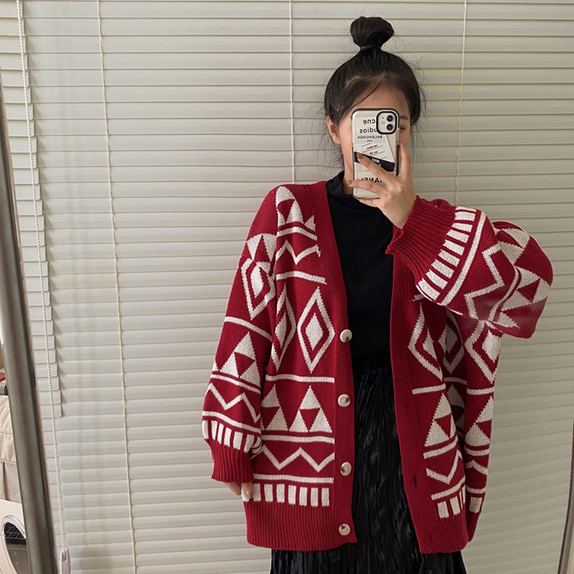 Áo khoác cardigan dệt kim dáng rộng họa tiết hình học phong cách phương Tây thời trang thu đông cho nữ